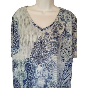 Catherines Top Womens 2X Blue Paisley V-Neck Short Sleeve Studs Embellished Blou